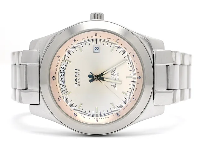 GANT, "Limited Edition", "Tachymetre", Cal ETA 2834-2, Serie nr. 0586/1949, herrur, 42 mm, stål, automatisk, mineralglas, dag, datum, glasbaksida, originallänk, viklås, cert, oktober 2003, box, ytterkartong. Limiterad och numrerad (Nr. 0586/1949).