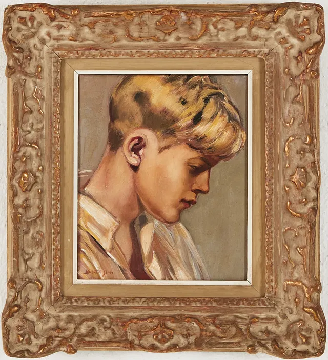 BROR HILLGREN. "Pojkhuvud", oljemålning på duk, 1940-tal, signerad.
