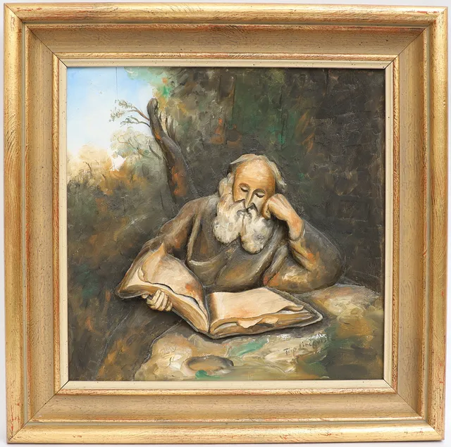 FILIP LINDQVIST. Träskuren relief, föreställande man med bok, signerad.