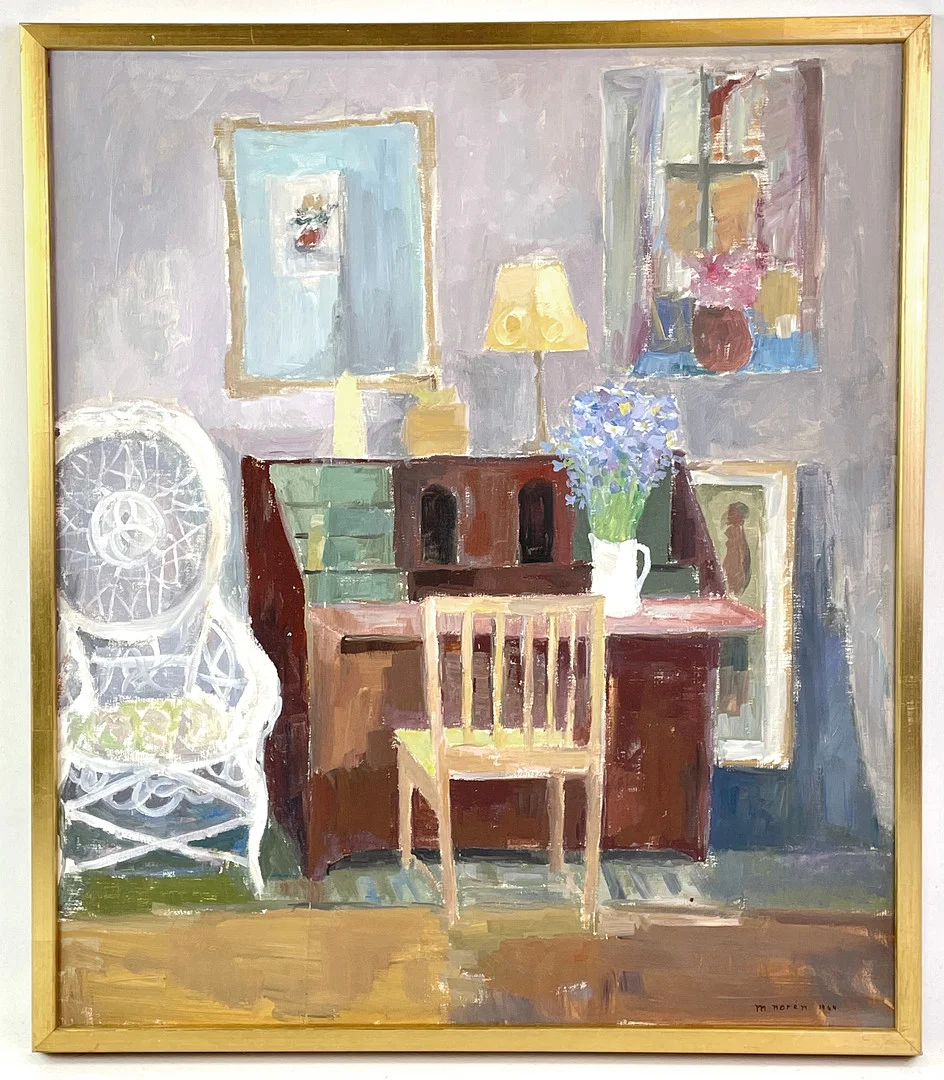 MARTIN NORÉN ( f. 1907), olja på duk, "Korgstolen vid sekretären", signerad samt daterad 1964. — Paintings — Roslagens Auktionsverk