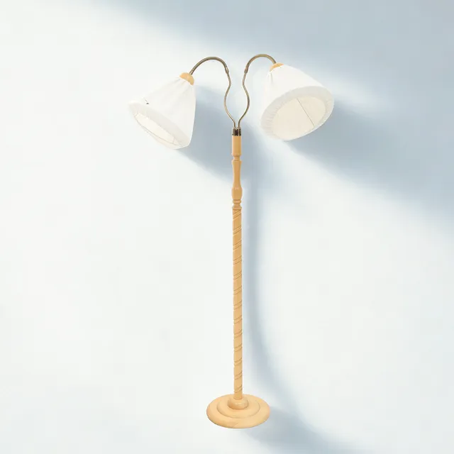 GOLVLAMPA, 1900-talets slut, lackat trä och mässing, textila skärmar, Två ljuspunkter.
