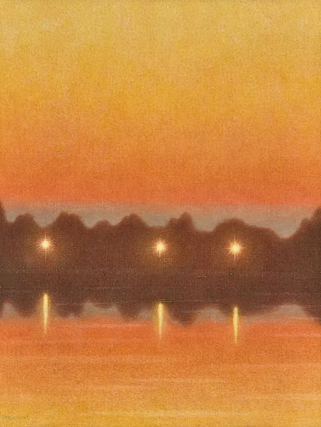 STEFAN JOHANSSON. "Sommarnatt", akvarell på duk, 36 x 47 cm.