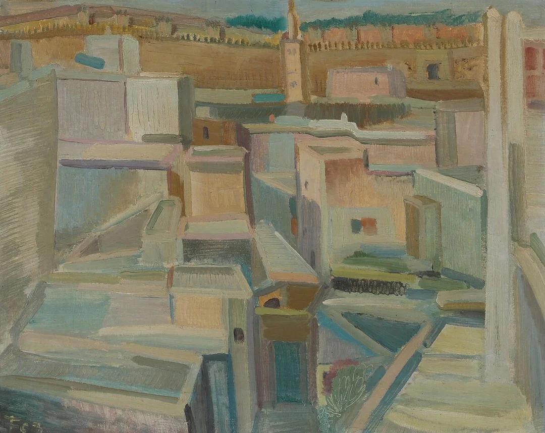 Erik Ortvad: Scenery from Fez, Morocco. Unsigned, inscribed Fez. Oil on canvas. 40×50 cm. — Modern Paintings/CoBrA — Bruun Rasmussen