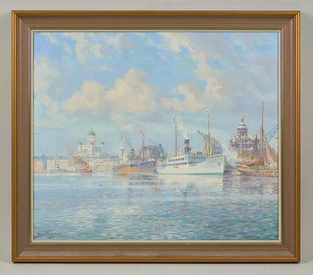 ADOLF BOCK. Vy från Södra Hamnen i Helsingfors, signerad samt daterad 1930, olja på duk.