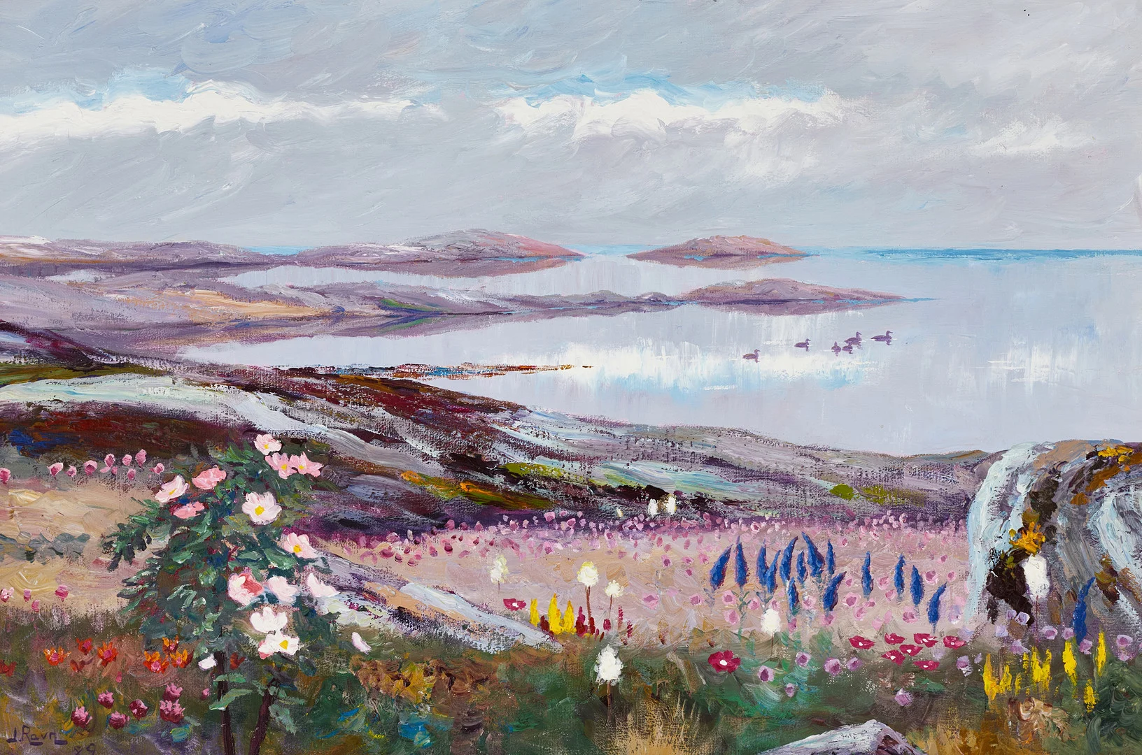 JOHANNES RAVN (1922-1991), Skärgårdsidyll med sjöfåglar, signerad och daterad J Ravn 89, olja på duk. — Paintings — Crafoord Auktioner Stockholm