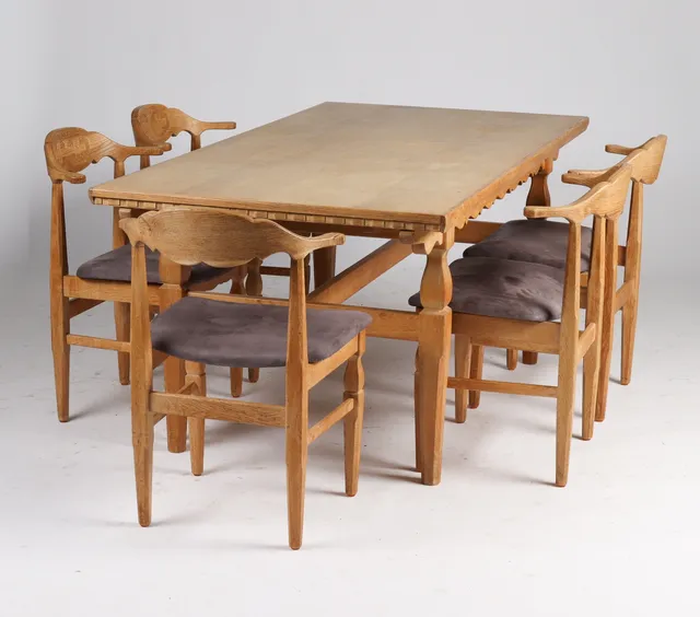 Henry Kjærnulf for Brobyværk Furniture and Tableware Factory. Dining table and five chairs model no. 60 (6)