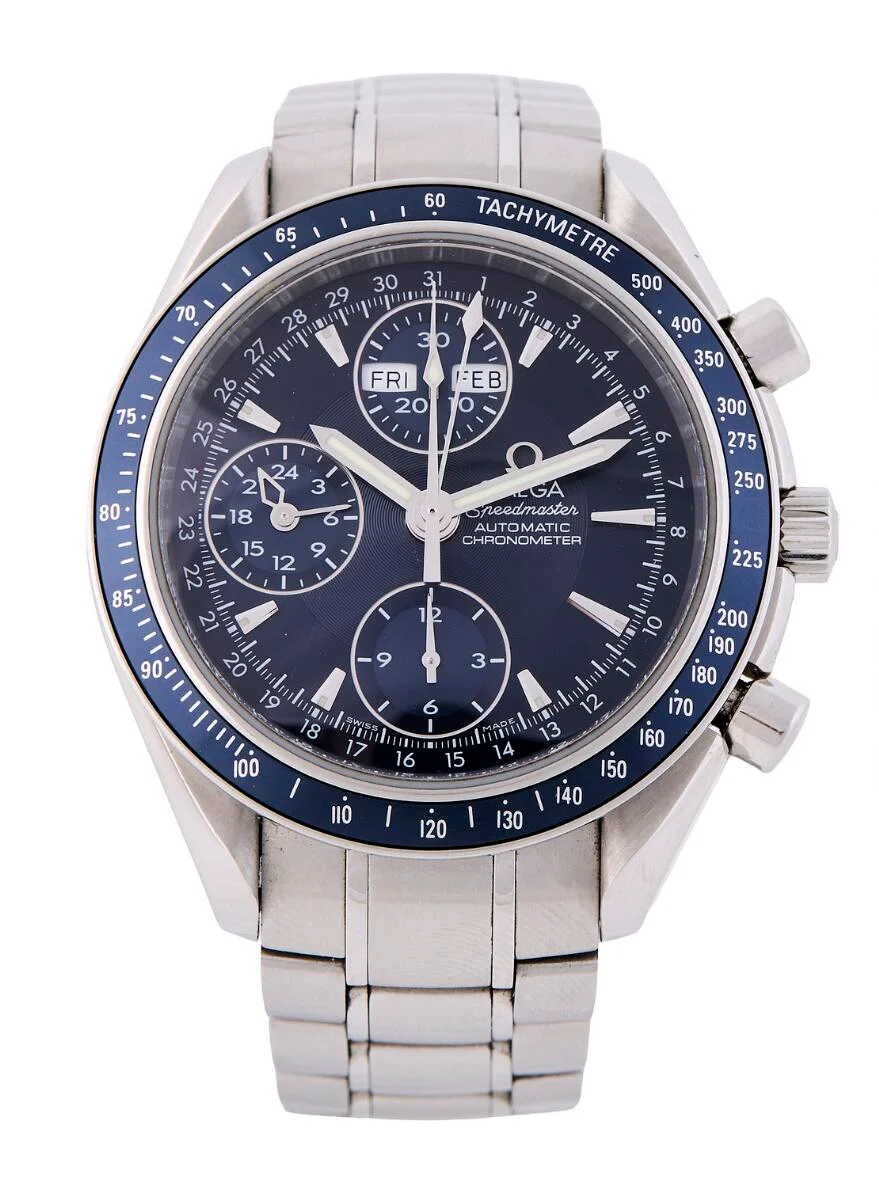 Speedmaster Day-Date of steel, ref. 178.0058. Mechanical movement with automatic winding and chronograph, day- and month indication, cal. 3606. Omega bracelet of steel with fold-over clasp. Circumference approximately 17 cm. Ø 40 mm. 2007. — Clocks & watches/Wristwatches — Bruun Rasmussen