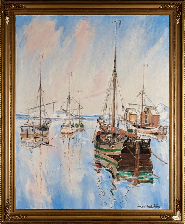 RIKARD LINDSTRÖM. Olja på duk, Båthamn, Signerad 1900-tal.