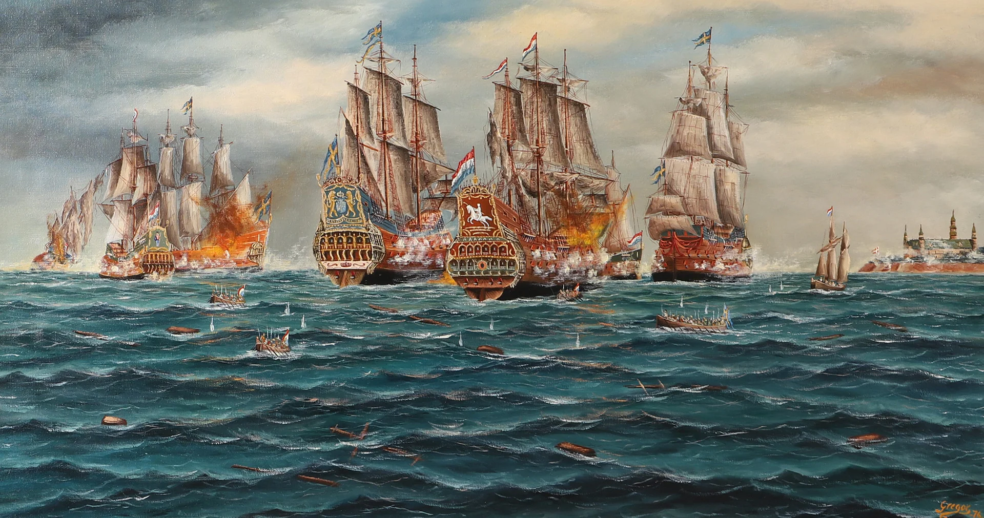 GREGOR HELLBERG. "Slaget vid Öresund 1658", olja på duk, signerad Gregor -76. — Paintings — Helsingborgs Auktionskammare