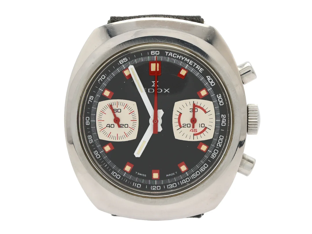 EDOX, herrrur, 38 x 42,5 mm, kronograf, "Tachymetre", (T Swiss Made T), Cal Valjoux 7733, Boett nr. 24651, stål, manuell, plexiglas, skadad urtavla, läderband, ca 1970. — Klockor/Edox — Kaplans