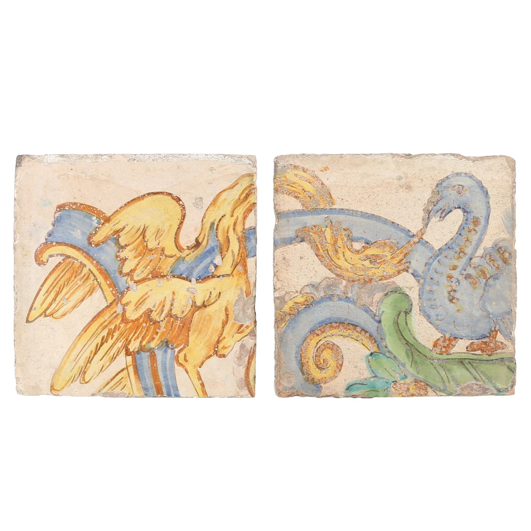 TWO 17TH CENTURY POLYCHROME-DECORATED TILES, SPANISH. — European — Bishop & Miller