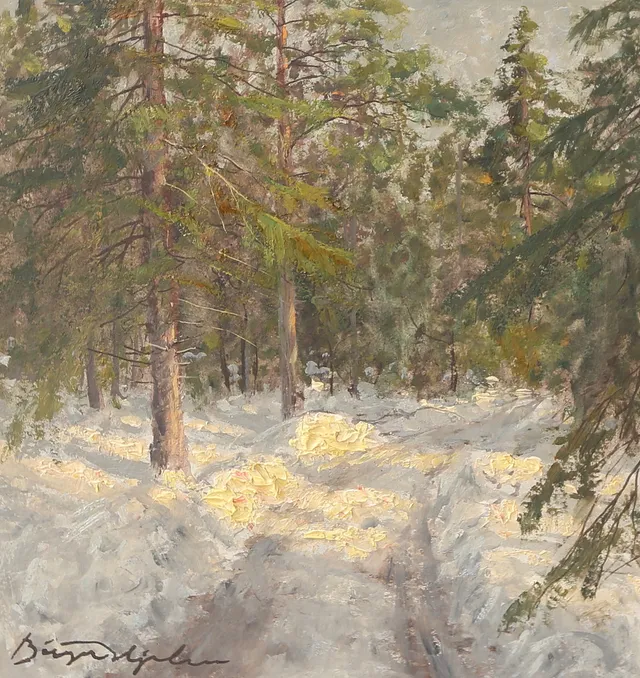 BIRGER HJELM. "Skogsväg", olja på pannå, signerad 1958.