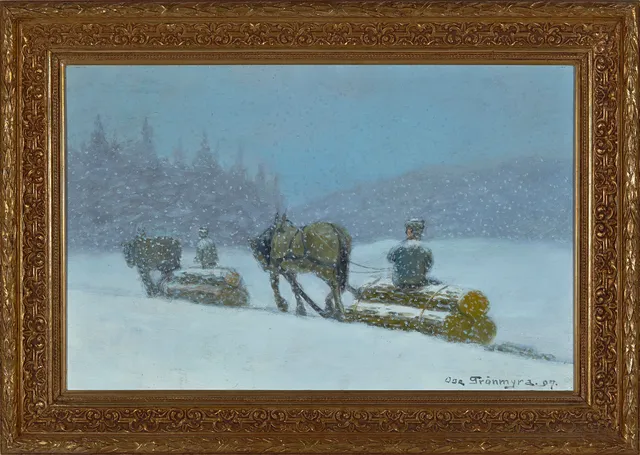 Grønmyra, Oscar — Hester med tømmer på slep, 1907