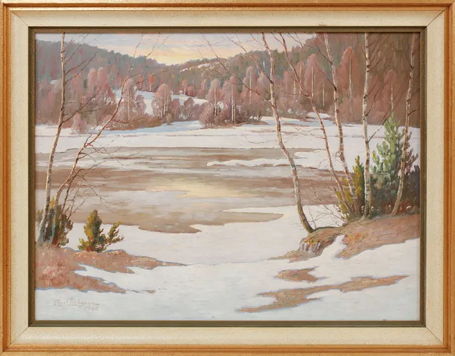 ERNST LINDGREN. Vinterlandskap, olja på pannå, signerad och daterad 1940.