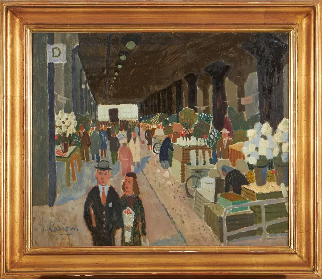 JÜRGEN VON KONOW (1915-1959). Torghandel, olja på pannå, signerad v. Konow.