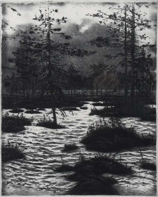CURT HAMNE. Etsning, "Skarsnö i april", signerad, provtryck.