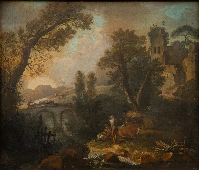 OKÄND KONSTNÄR. Pastoralt landskap, olja på duk, 1700-talets början, osignerad.