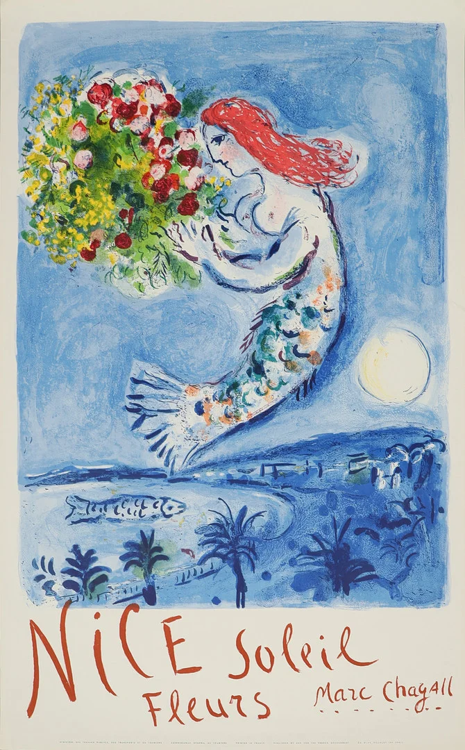 MARC CHAGALL. Färglitografisk affisch, 1962, tryckt av Mourlot, Paris, utgiven av Commisariat Géneral au Tourisme. — Engravings & Prints — Crafoord Auktioner Malmö