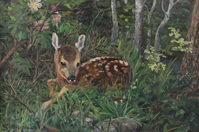 RUNE WENLIDEN. Rådjuret Bambi i blommande skog, olja på duk, signerad R Wenliden.