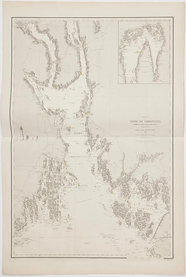 NORGE, OSLOFJORDEN M.M., 5 SJÖKORT DEPOT DE LA MARINE, ca 1872.