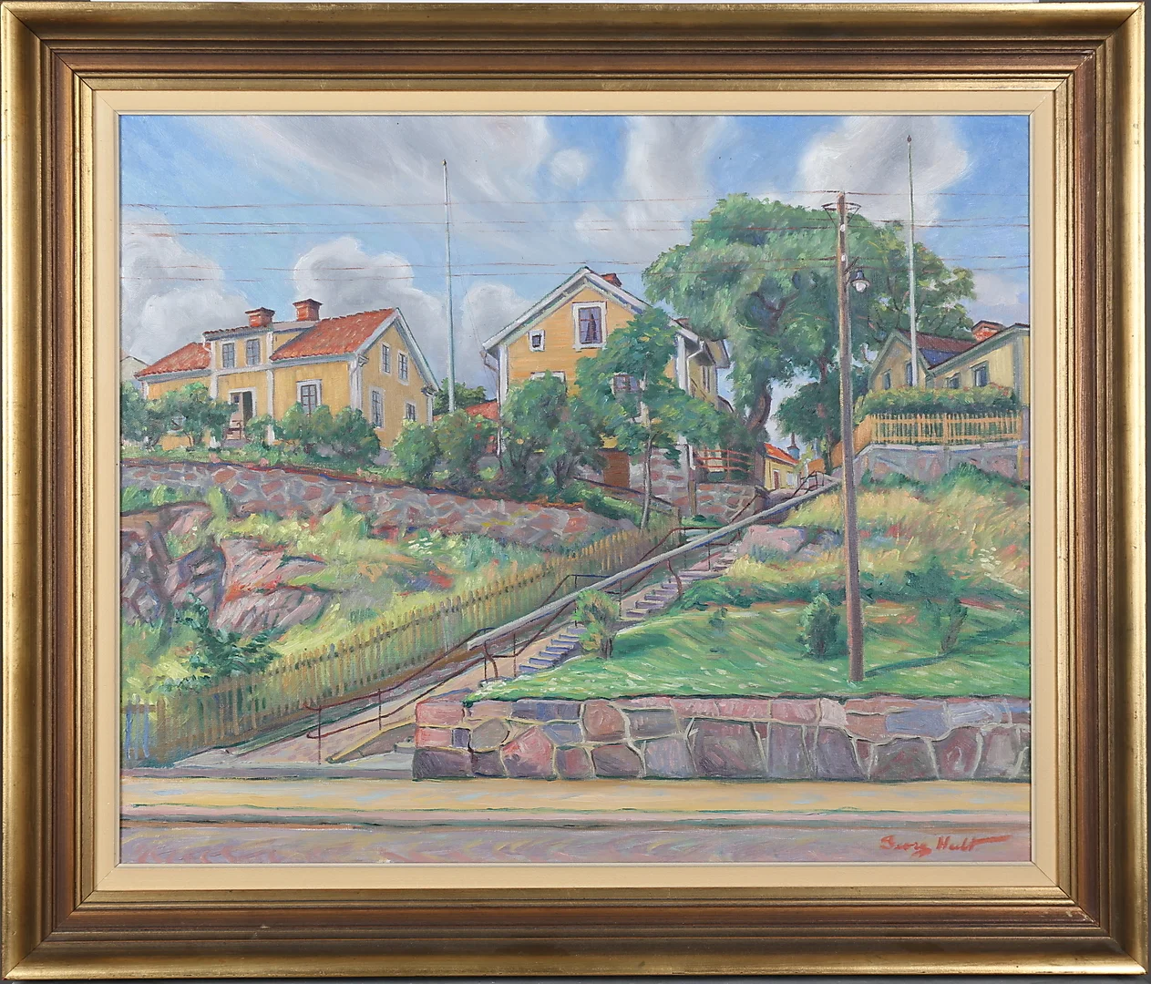 GEORG HULT. Besväret från Skeppsbron, Oskarshamn. Olja på duk, signerad. — Paintings — Auktionshuset Thelin & Johansson
