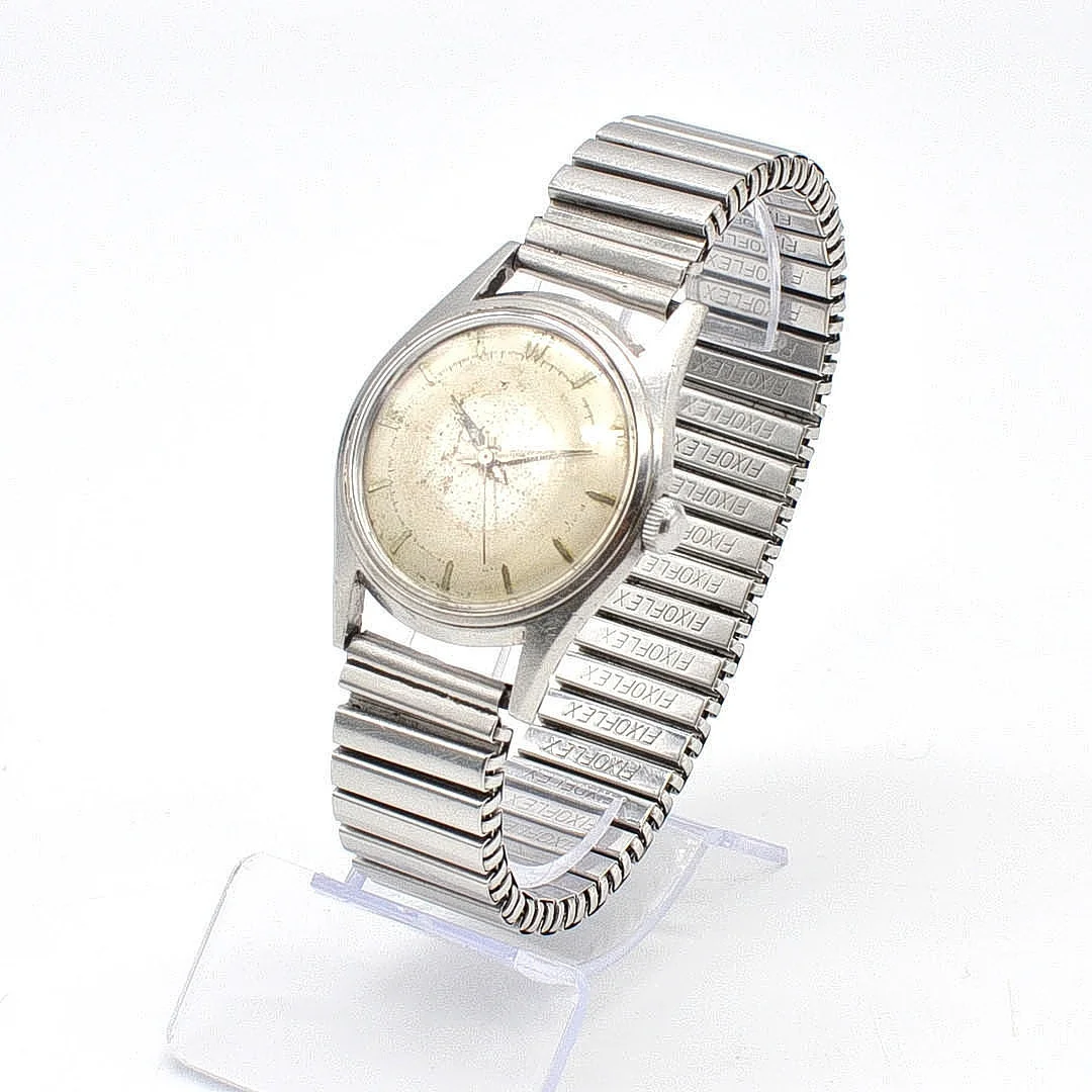 HERRENARMBANDUHR MIT FLEXBAND, MECHANISCH, UNBEKANNTE MARKE, AUS EDELSTAHL, 1950ER. — Wristwatches — Kunst- und Auktionshaus Kleinhenz