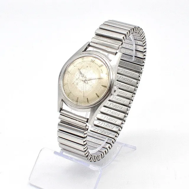 HERRENARMBANDUHR MIT FLEXBAND, MECHANISCH, UNBEKANNTE MARKE, AUS EDELSTAHL, 1950ER.