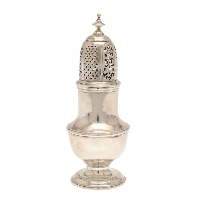 A GEORGE II SILVER SUGAR CASTER.