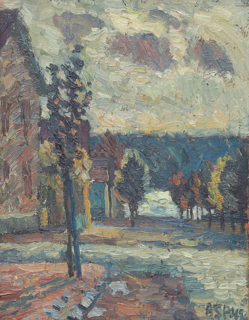 GÖSTA ASP. Landskap, olja på pannå, signerad samt daterad -49. — Paintings — Gomér & Andersson Nyköping