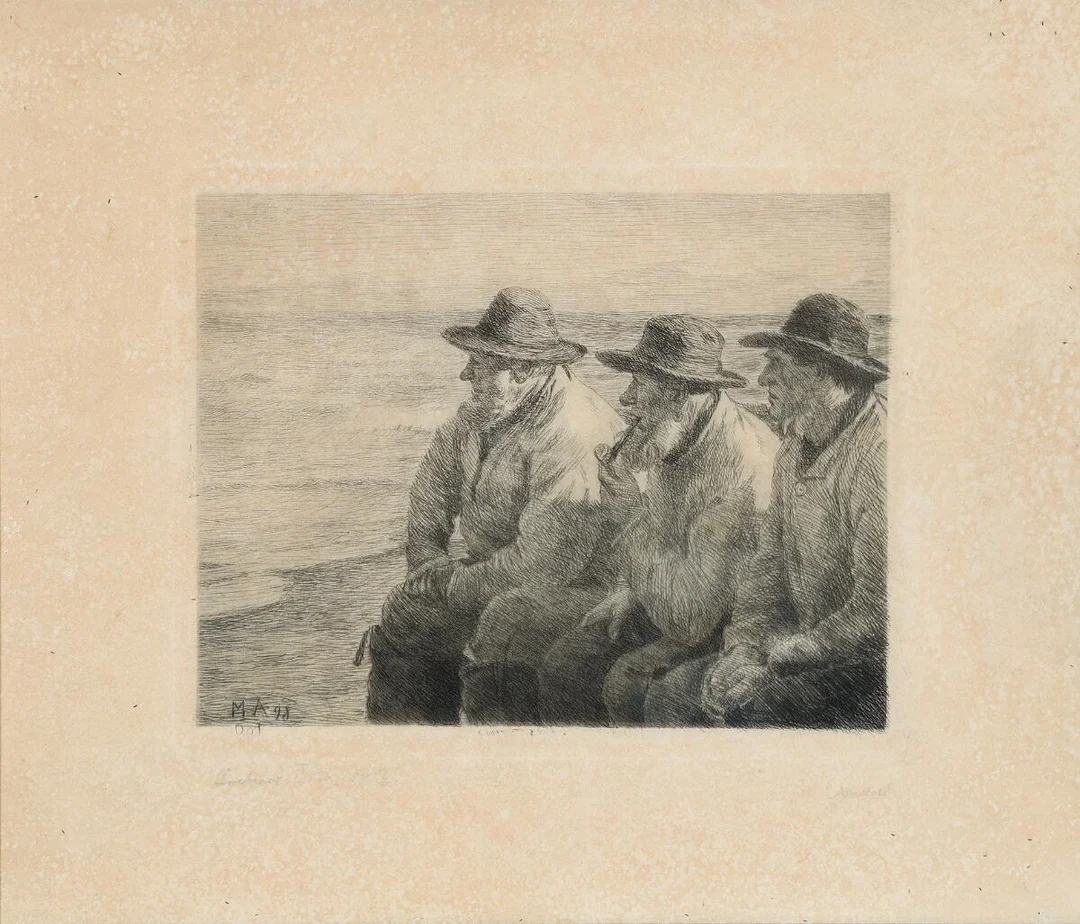 “Tre fiskere”, 1898. Opus 1. Signed in the plate M. A. 98. Indistinctly inscribed in pencil. Etching. Visible size 31 × 37 cm. — Prints & Drawings — Bruun Rasmussen