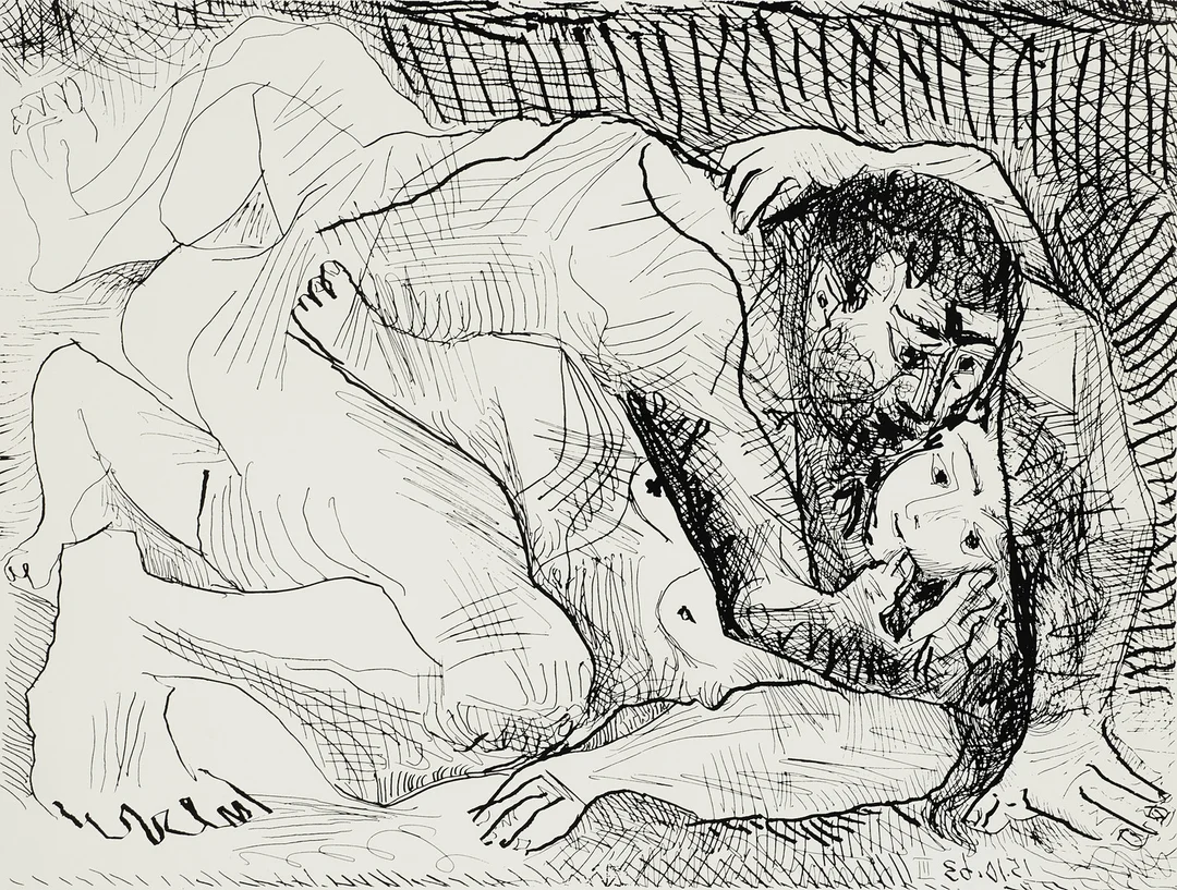 PABLO PICASSO. EFTER. Affisch, "Étreinte", Minerva Reproduktioner, Copenhagen 1969. — Engravings & Prints — Crafoord Auktioner Stockholm