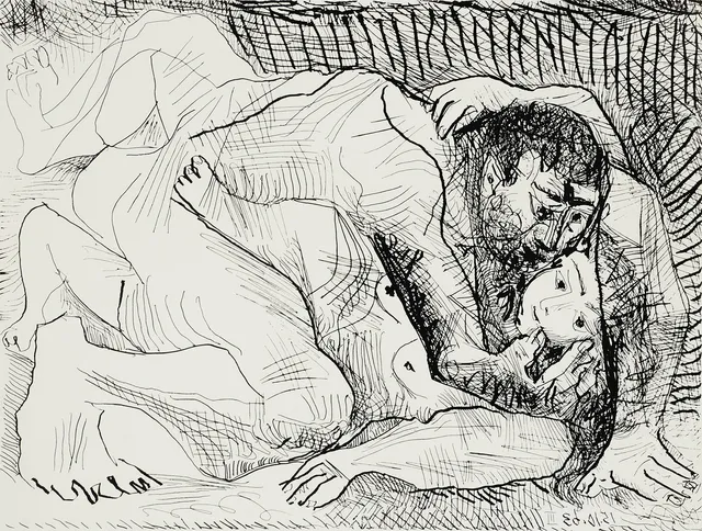 PABLO PICASSO. EFTER. Affisch, "Étreinte", Minerva Reproduktioner, Copenhagen 1969.
