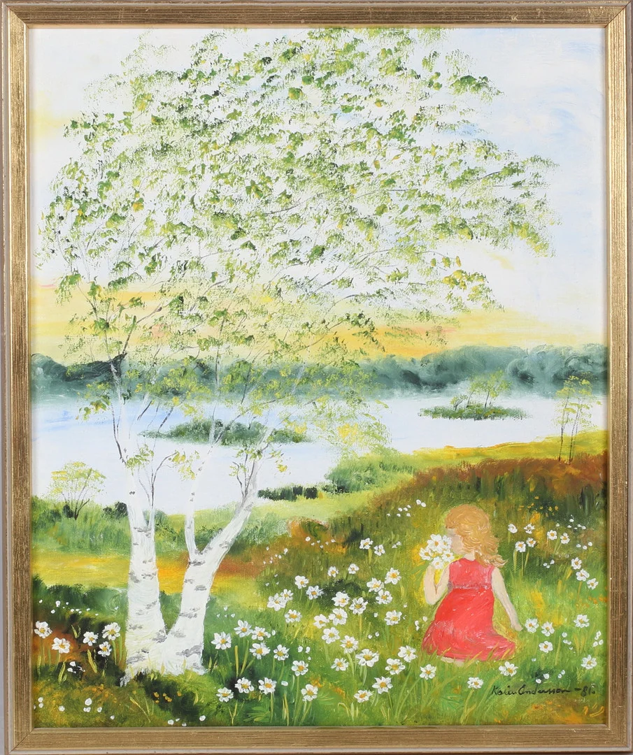 KARIN ANDERSSON. Flicka på blomsteräng, olja på duk, signerad och daterad -81. — Paintings — Stadsauktion Sundsvall