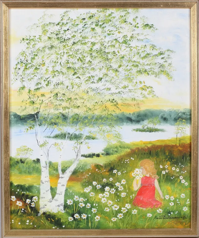 KARIN ANDERSSON. Flicka på blomsteräng, olja på duk, signerad och daterad -81.