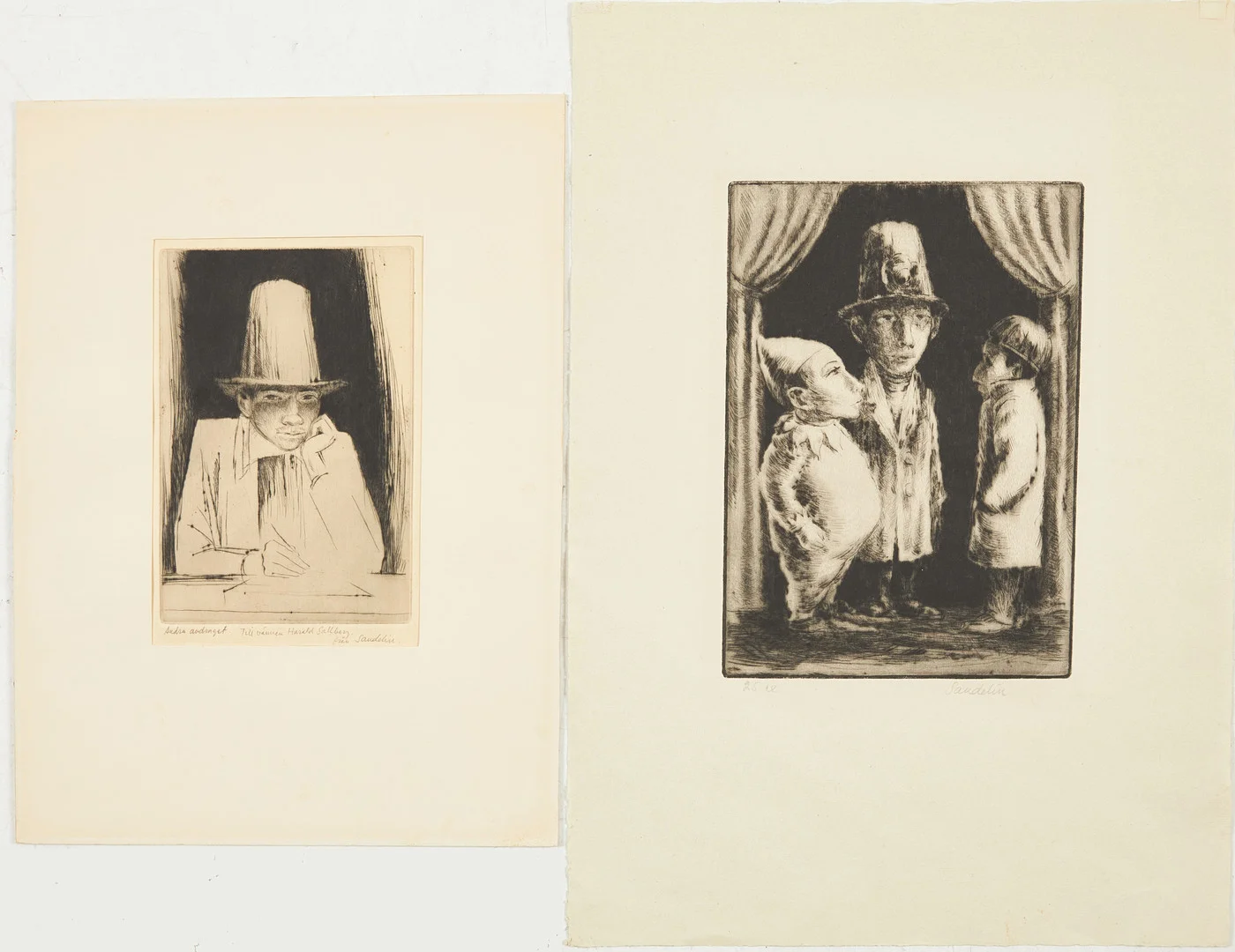 BÖRJE SANDELIN. Personstudier, 2 stycken, etsningar, signerade. En med dedikation till Harald Sallberg. Märkta "andra avdraget" samt 25 ex. — Engravings & Prints — Stockholms Auktionsverk Magasin 5
