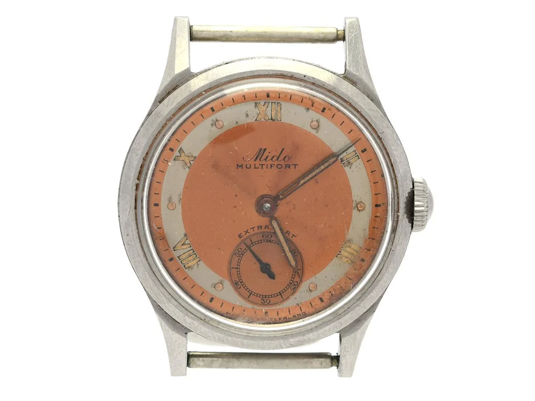 MIDO, Multifort, "Extra Flat", Cal 1014 B, Boett nr. 1146349, herrur, 30,5 mm, stål, manuell, plexiglas, liten sekundvisare, skadad urtavla, defekt, ca 1950. — Klockor/Mido — Kaplans