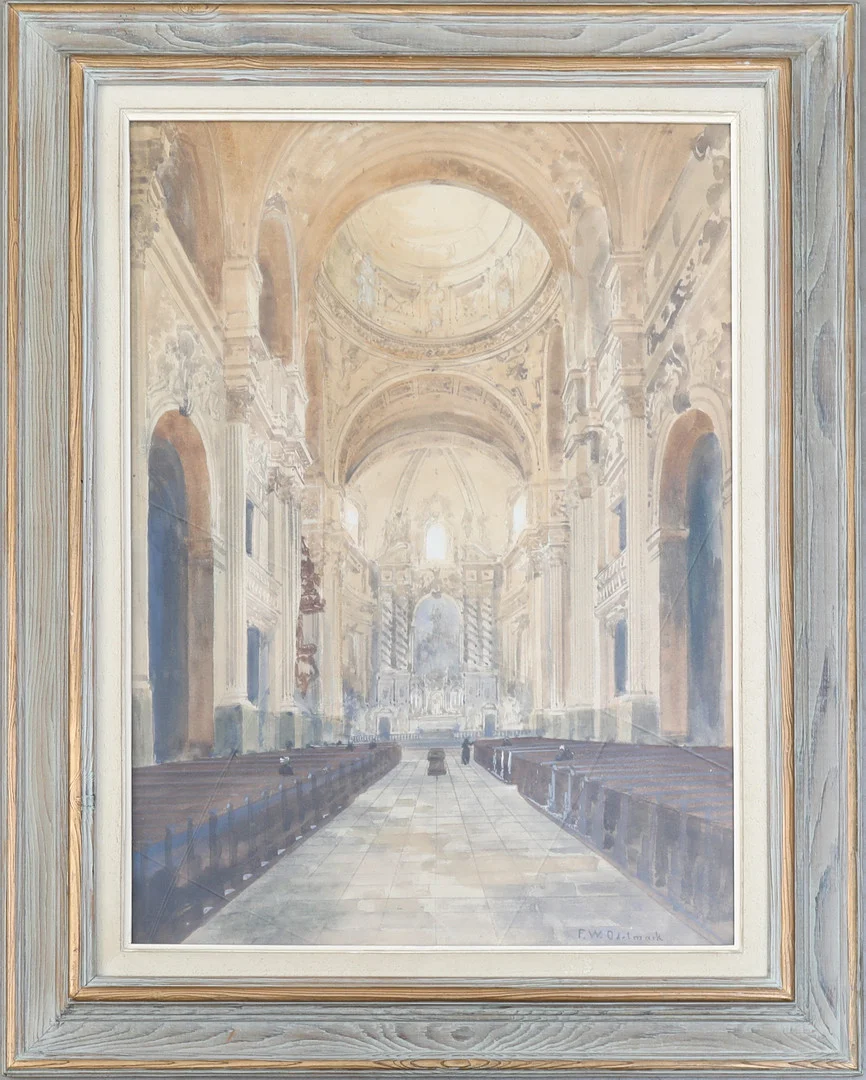 FRANS WILHELM ODELMARK. "Katolsk kyrkointeriör med altargång, kupoltak, pelare och stukaturer". Akvarell, signerad. — Paintings — Södermanlands Auktionsverk
