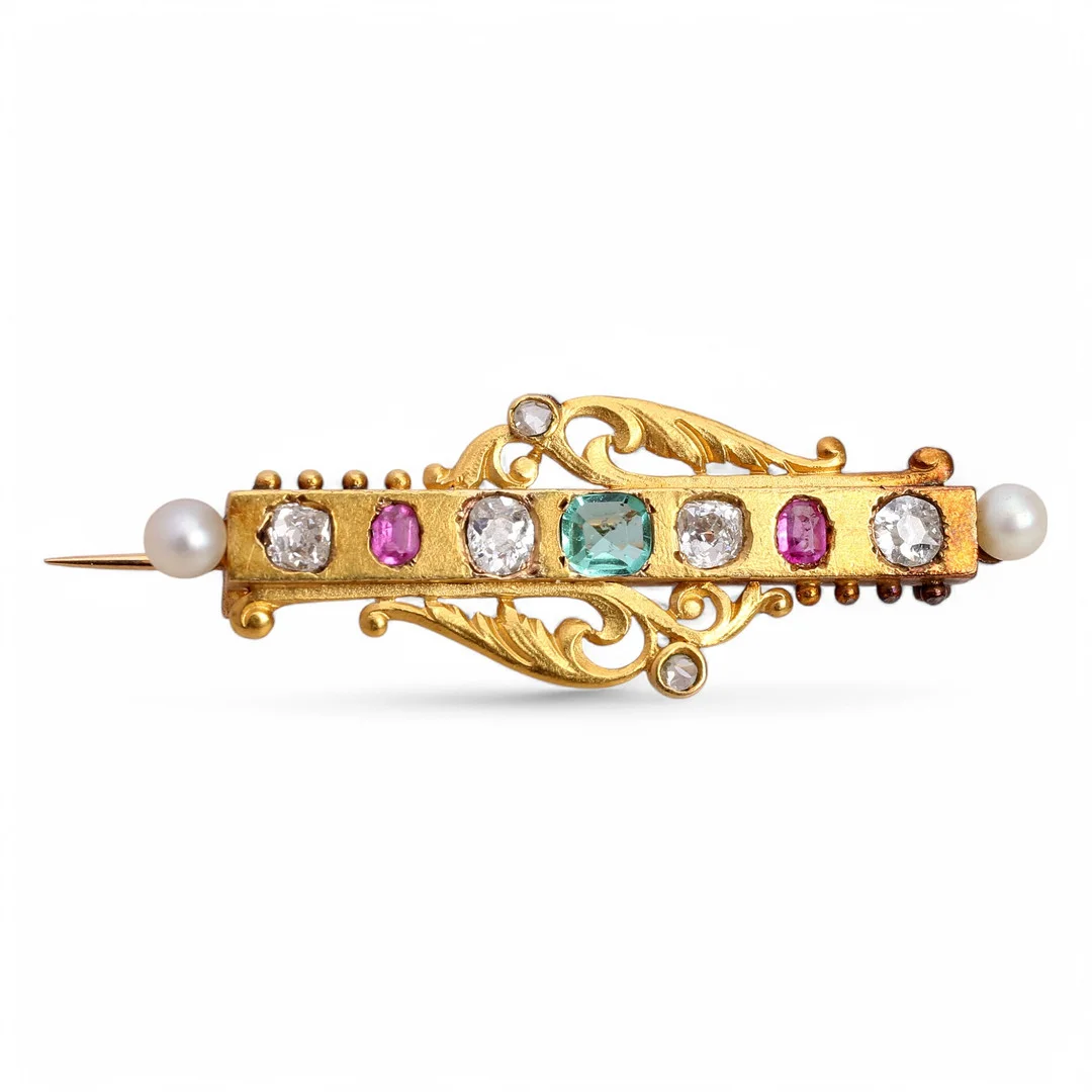 Diamonds, rubies and emerald brooch, 20th Century. — Brooches & Pendants — Balclis