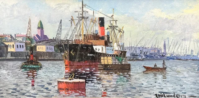 ERIC LUNDGREN. OLJA PÅ DUK, "Göteborg hamn", signerad.