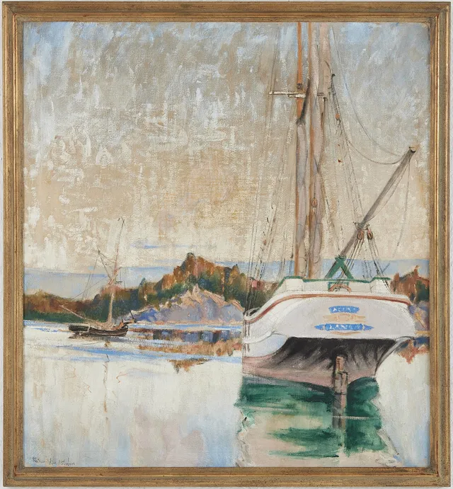 RIKARD LINDSTRÖM. Landskap med segelskutor, oljemålning på duk, signerad.