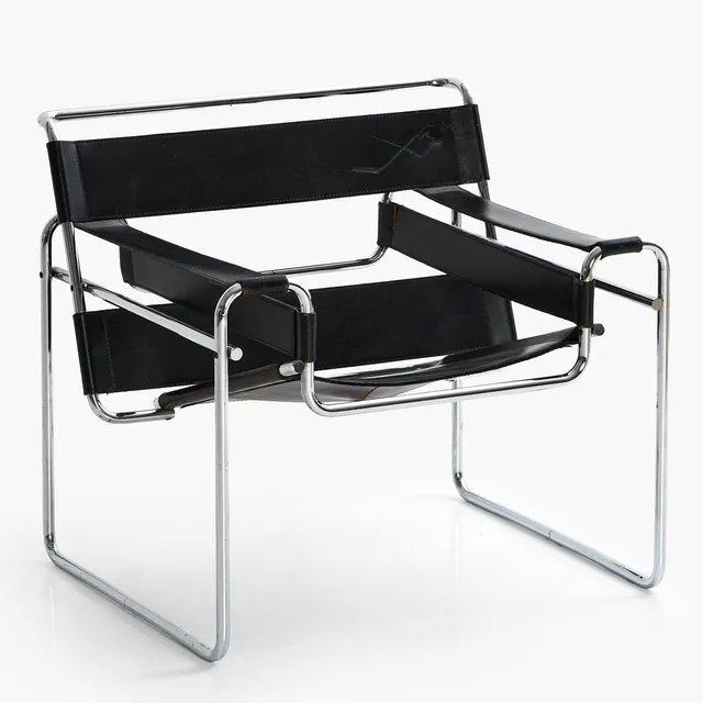 MARCEL BREUER. "Wassily Lounge Chair", för Knoll Studios, för Knoll Studios, kromad stålrörsstomme, svart läder, etikettmärkt, 1970-tal.
