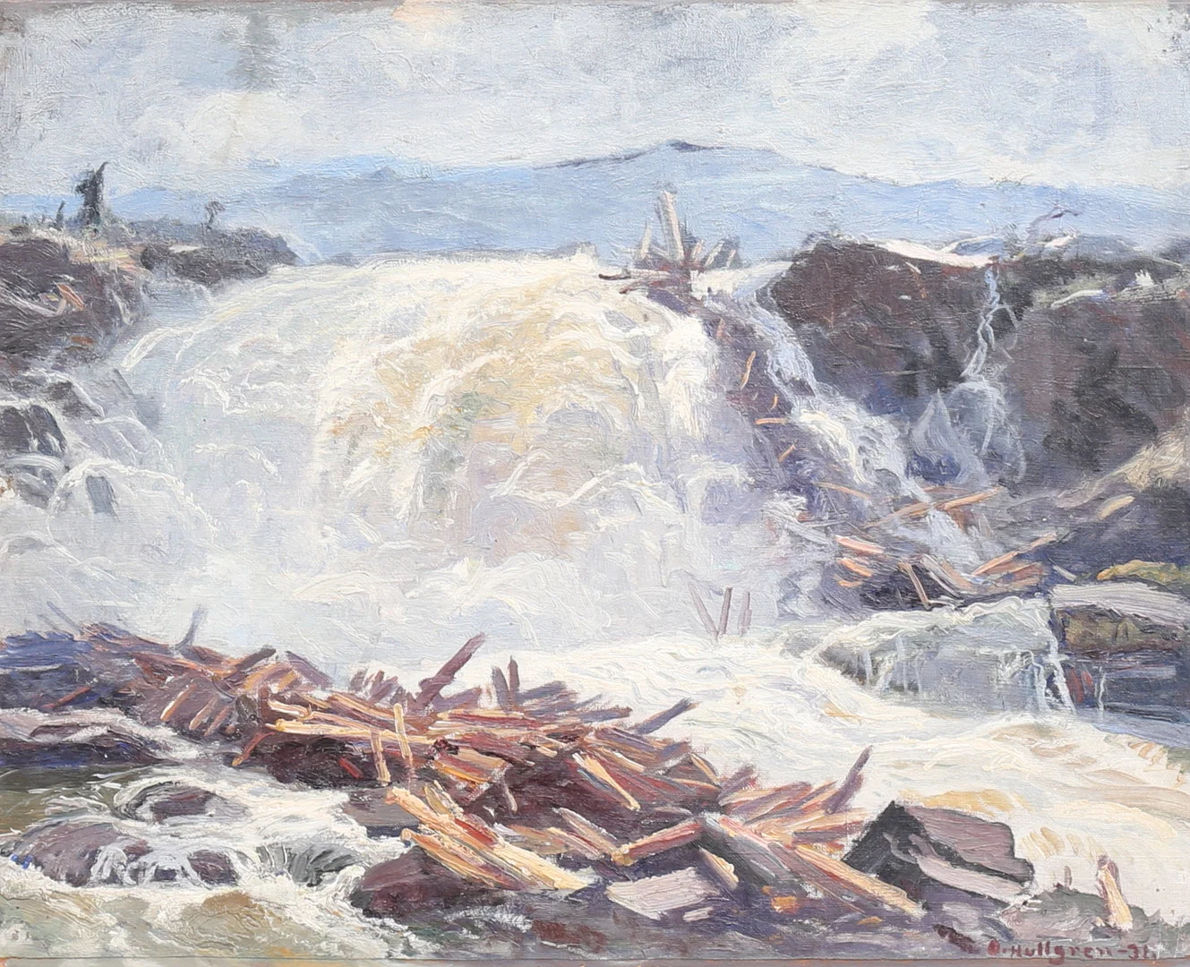 OSCAR HULLGREN. "Ristafallet". Olja på duk, uppfodrad på pannå, signerad och daterad -31. — Paintings — Auktionshuset Thelin & Johansson