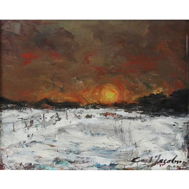 CORT JACOBSEN (1911-1967). Vinterlandskab ved solnedgang, olie på lærred.