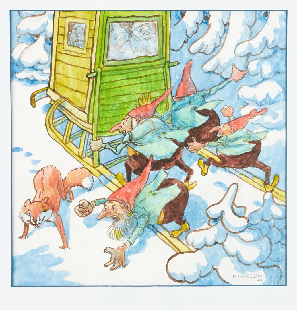 EINAR NORELIUS. Bland Tomtar och Troll, illustration, signerad E.NORELIUS 79, akvarell. — Paintings — Crafoord Auktioner Stockholm