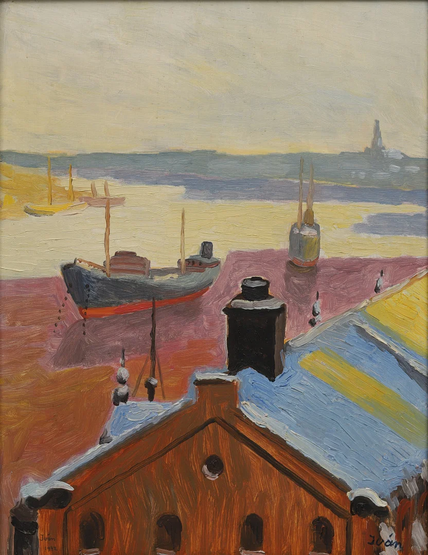 IVAN GRÜNEWALD. Stockholmsutsikt, olja på pannå, signerad och daterad 1942. — Paintings — Crafoord Auktioner Malmö