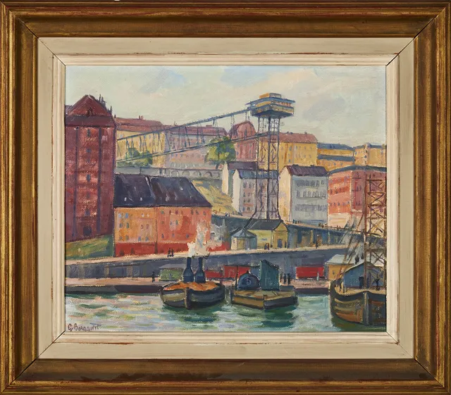 GUNNAR BERGQVIST. Katarinahissen vid Slussen, olja på duk lagd på pannå, signerad G. Bergqvist.