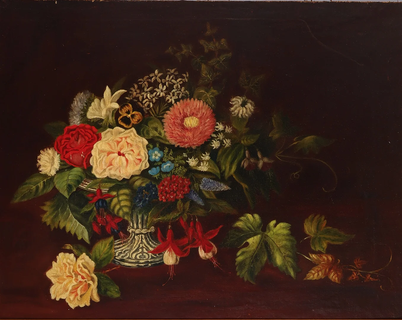 Ubekendt kunstner, blomsterbillede, olie på lærred monteret på plade. — Paintings — Palsgaard Kunstauktioner
