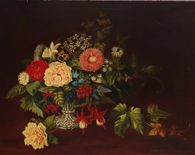 Ubekendt kunstner, blomsterbillede, olie på lærred monteret på plade.