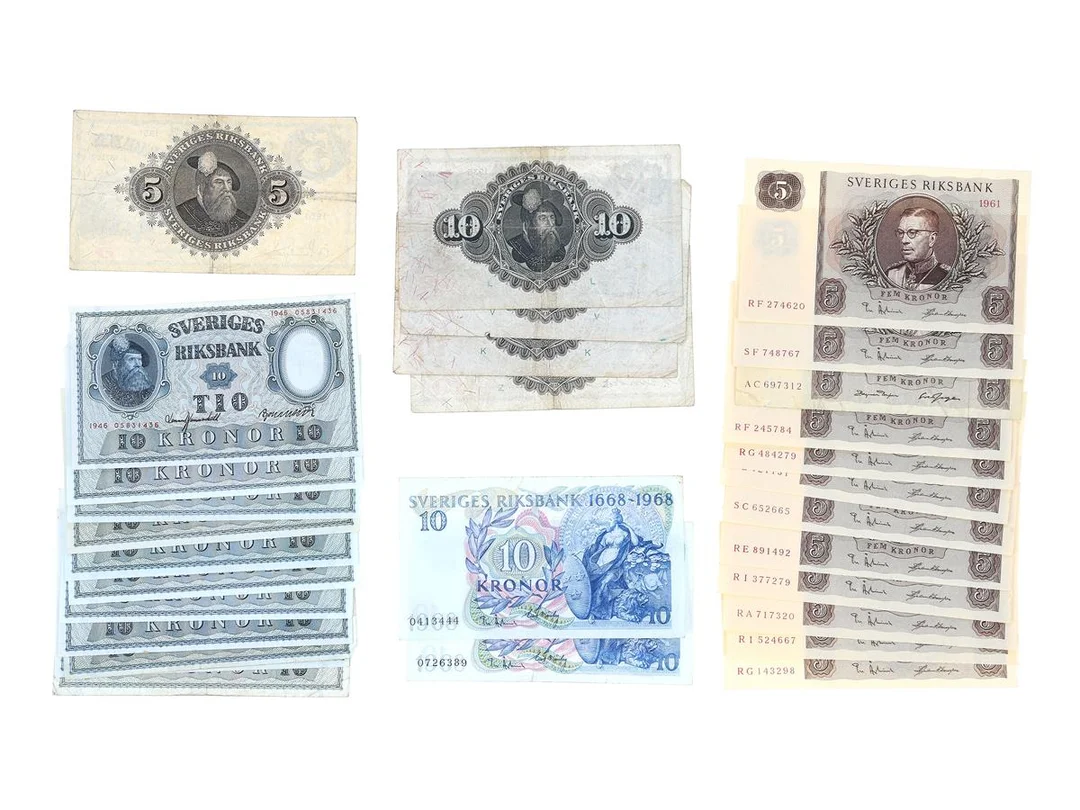 SEDLAR, 13 st 5 Kronor 1951- 1963, 17 st 10 Kronor 1935-1968, kvalité ca 1 - 0. — Mynt/Sedel — Kaplans