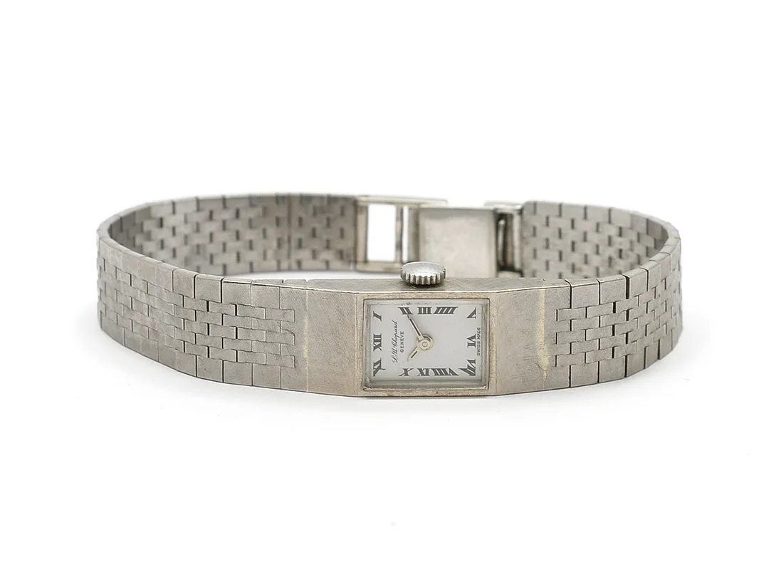 L-U. CHOPARD, Genève, damur, 11 mm, Boett nr. 7471/5024, 18K vitguld, manuell, safirglas, skadad urtavla, formverk, integrerad originallänk, längd 158-163 mm, totalvikt 35,5 gram, ca 1980. — Klockor/Chopard — Kaplans